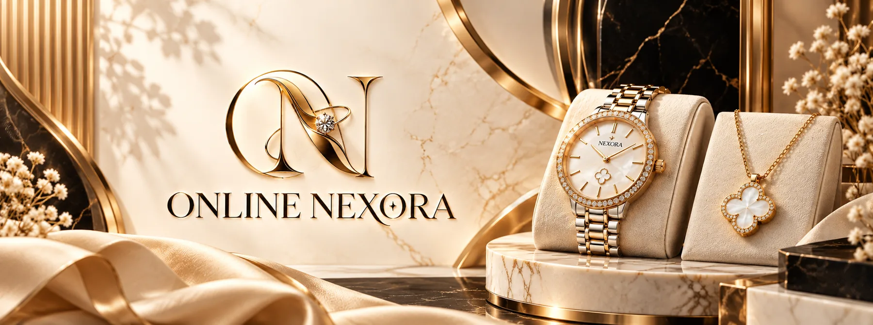 L’univers Online Nexora, entre montres, bijoux et lumière dorée